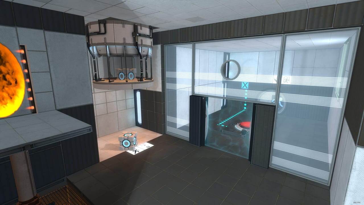 First-person view of a Portal: Alive & Kicking test chamber with the handheld portal device aimed at white panels